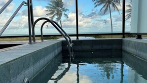 A clear view of a swimming pool with a metal ladder and railings, surrounded by a glass enclosure, with palm trees and a cloudy sky in the background.