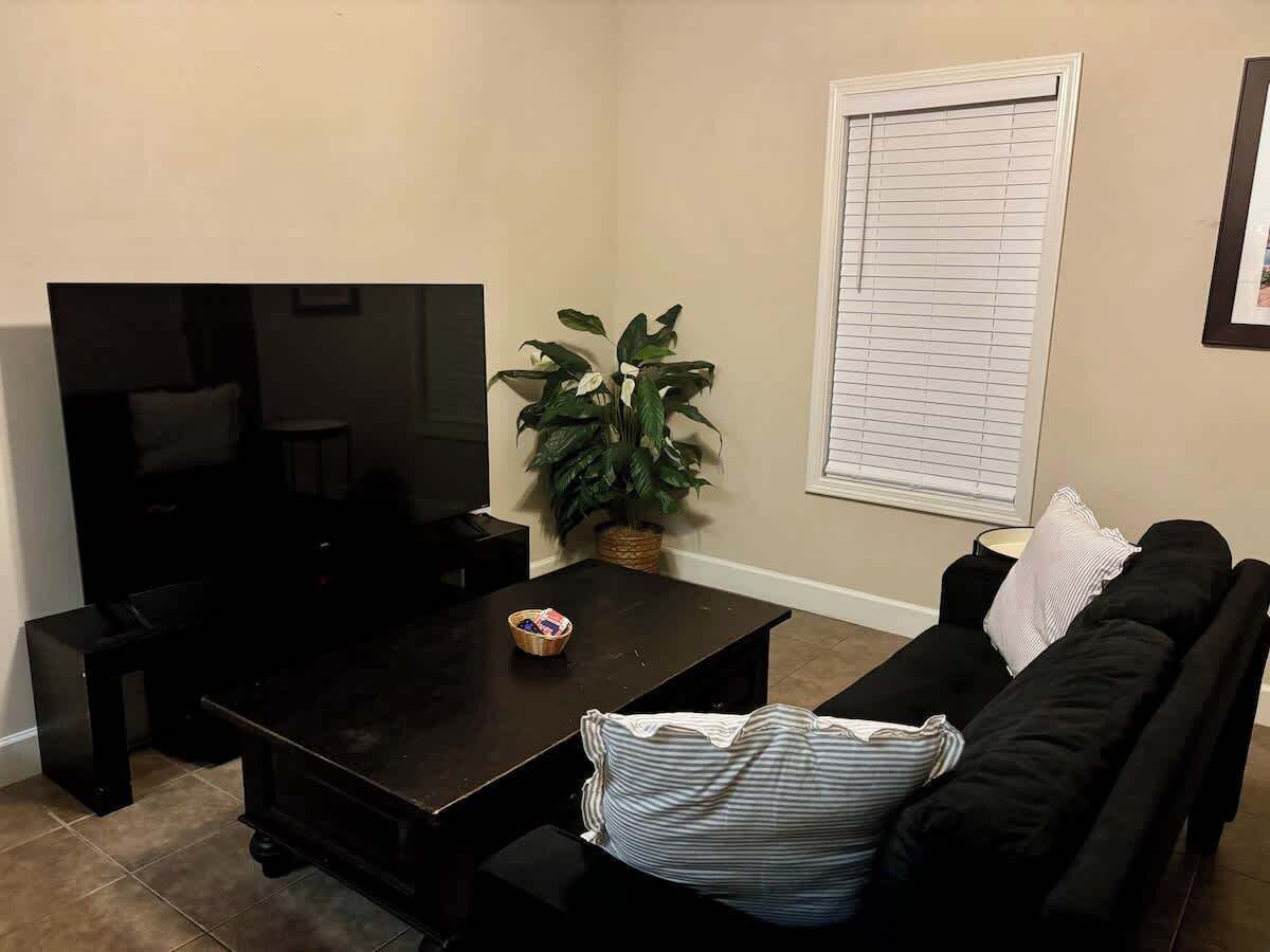 A living room with a dark wooden coffee table, a black sofa, a television, and a potted plant.