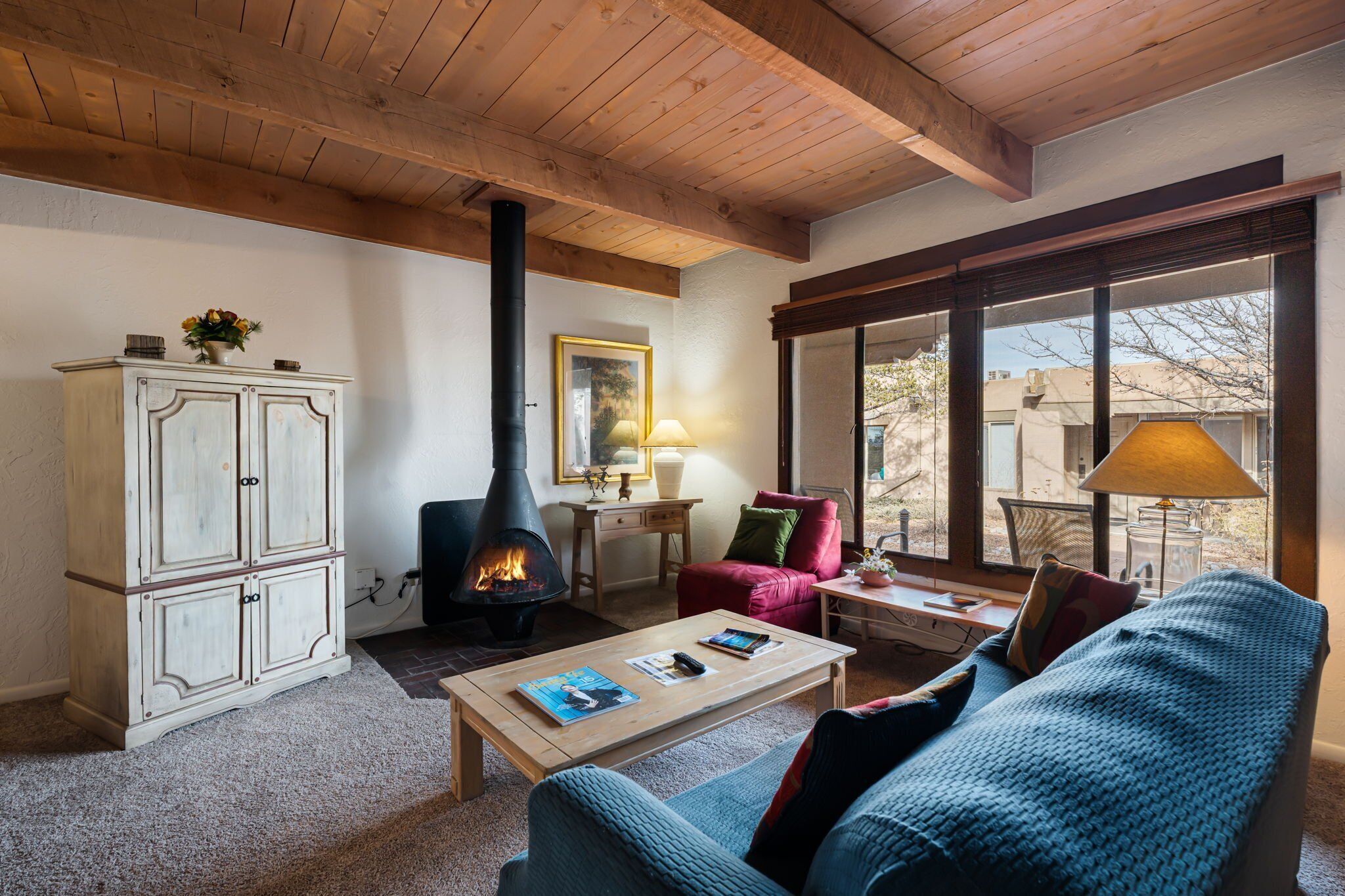 TV connectée, cheminée, livres