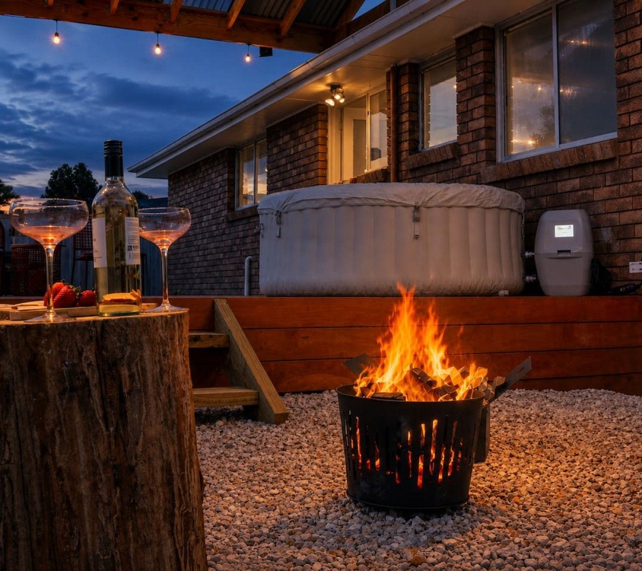 A fire pit with flames, a bench, and a table with bottles and glasses.