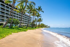 Un hotel frente a la playa con varios balcones, palmeras y una playa de arena.