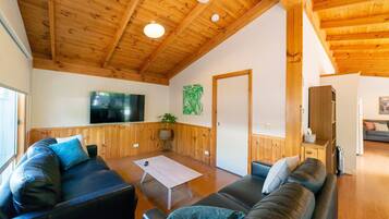 A spacious living room with wooden ceilings and walls, a flat-screen TV mounted on the wall, a sofa, a coffee table, and a cabinet.