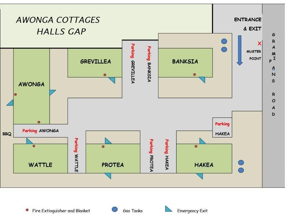 A floor plan of Awonga Cottages with a halls gap. It includes rooms like Grevillea, Banksia, Awonga, Wattle, Protea, and Hakea, each with parking. There are fire extinguishers and blankets, gas tanks, and emergency exits marked.