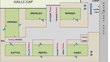 A floor plan of Awonga Cottages with a halls gap. It includes rooms like Grevillea, Banksia, Awonga, Wattle, Protea, and Hakea, each with parking. There are fire extinguishers and blankets, gas tanks, and emergency exits marked.