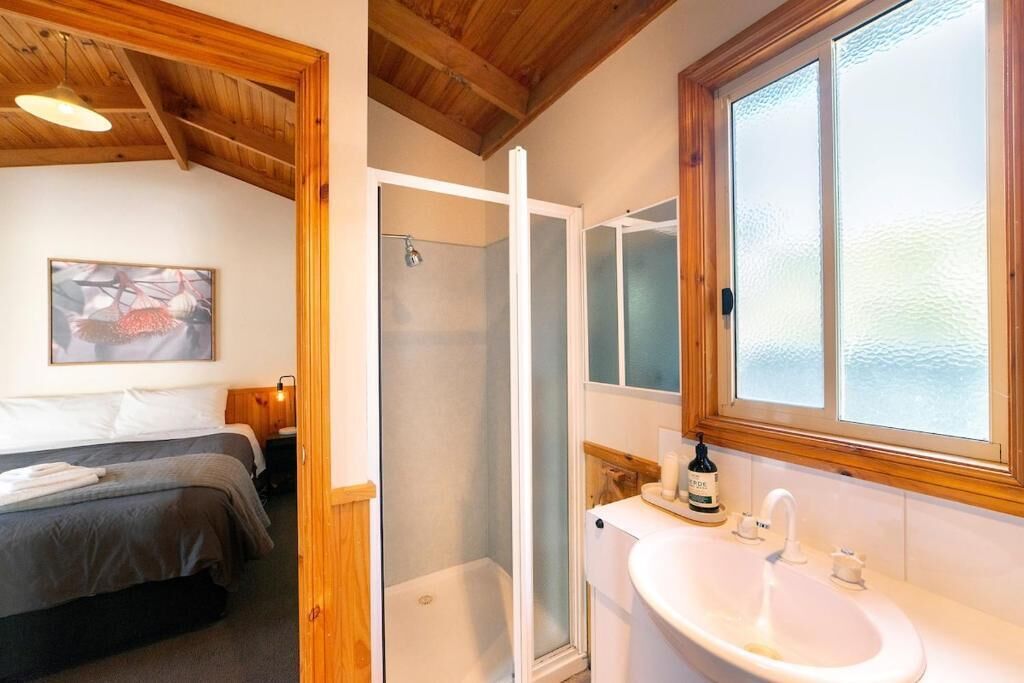 A hotel room with a bed, a shower, a sink, and a window with frosted glass.