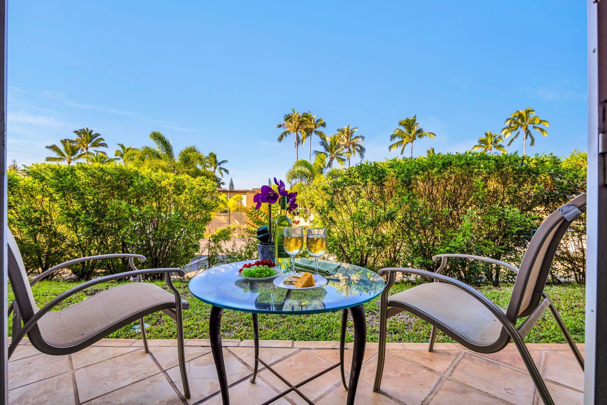 Une terrasse extérieure avec une table en verre, deux chaises et une vue sur des palmiers et une végétation luxuriante.