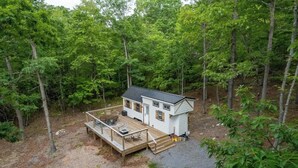 A small cabin with a deck, surrounded by dense forest. - Amazing TinyHome on private 48Acres in Massanutten (McGaheysville)