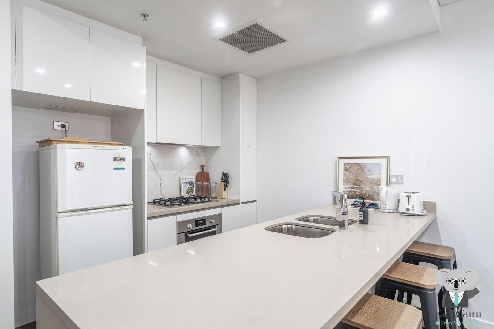 Fridge, oven, stovetop, cookware/dishes/utensils