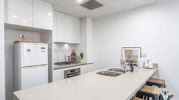 Fridge, oven, stovetop, cookware/dishes/utensils