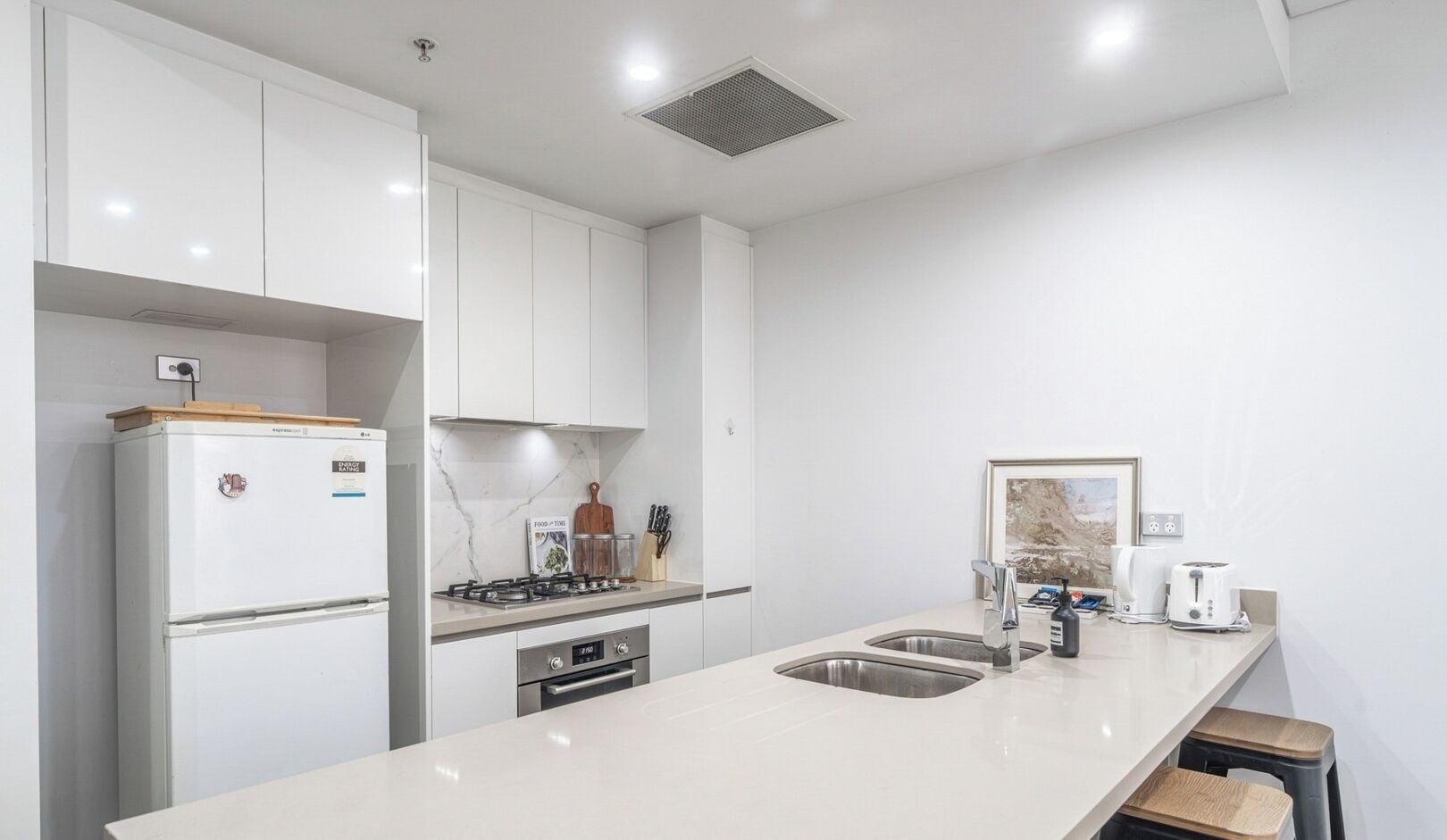 Fridge, oven, stovetop, cookware/dishes/utensils