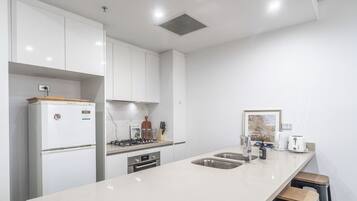Fridge, oven, stovetop, cookware/dishes/utensils