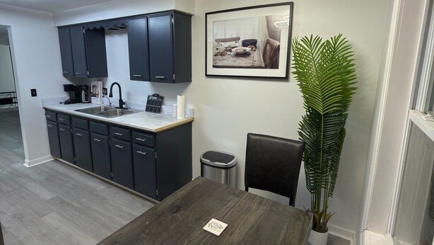A modern kitchen with dark cabinets, a stainless steel sink, and a countertop. There is a dining table with a dark wood finish and a potted plant beside it. - Modern Fully Renovated 2BR Retreat • Minutes from RIT • Safe & Spacious (Rochester)