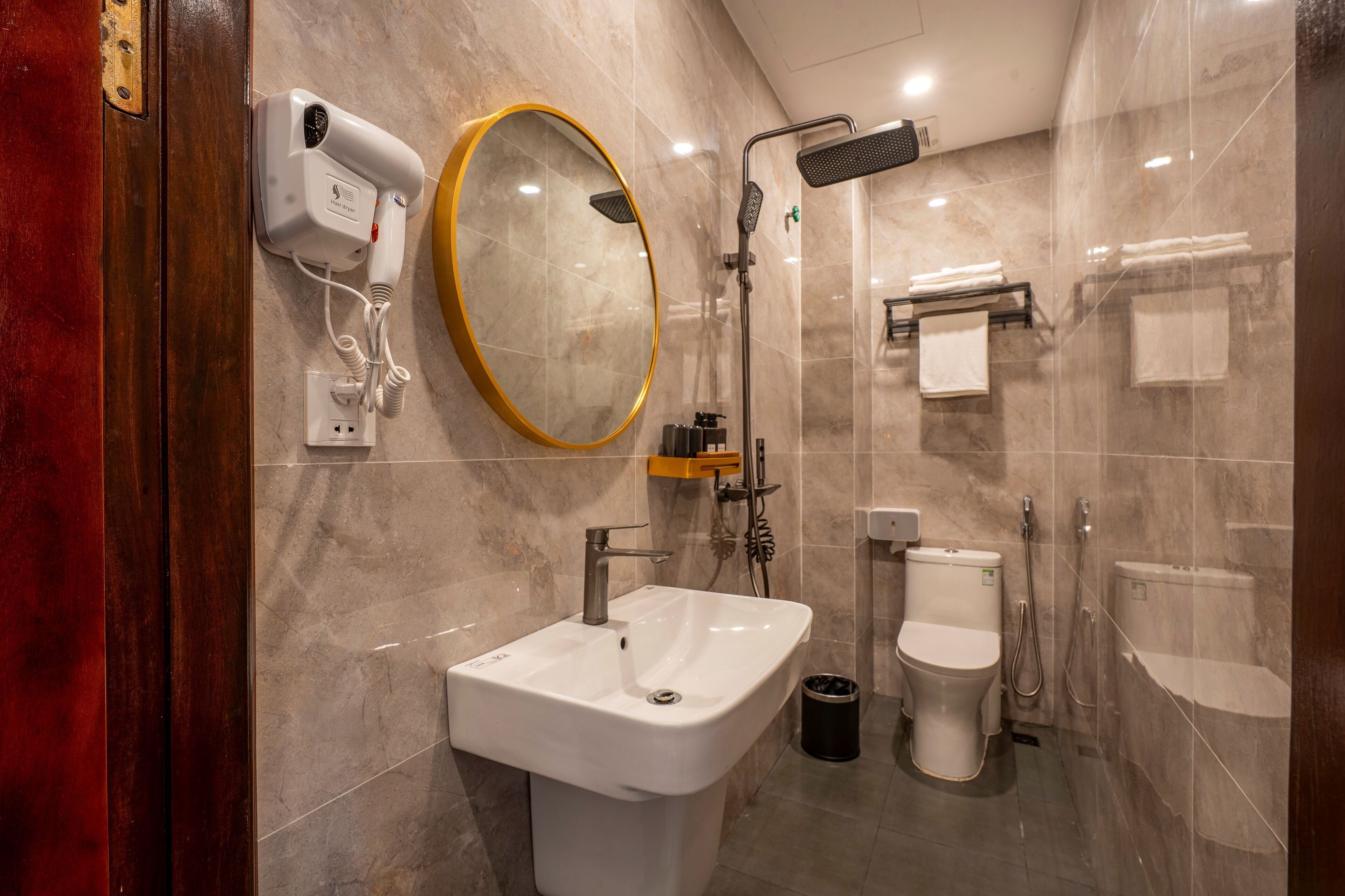 A modern bathroom with a white sink, a mirror, a handheld showerhead, a toilet, and a trash bin.