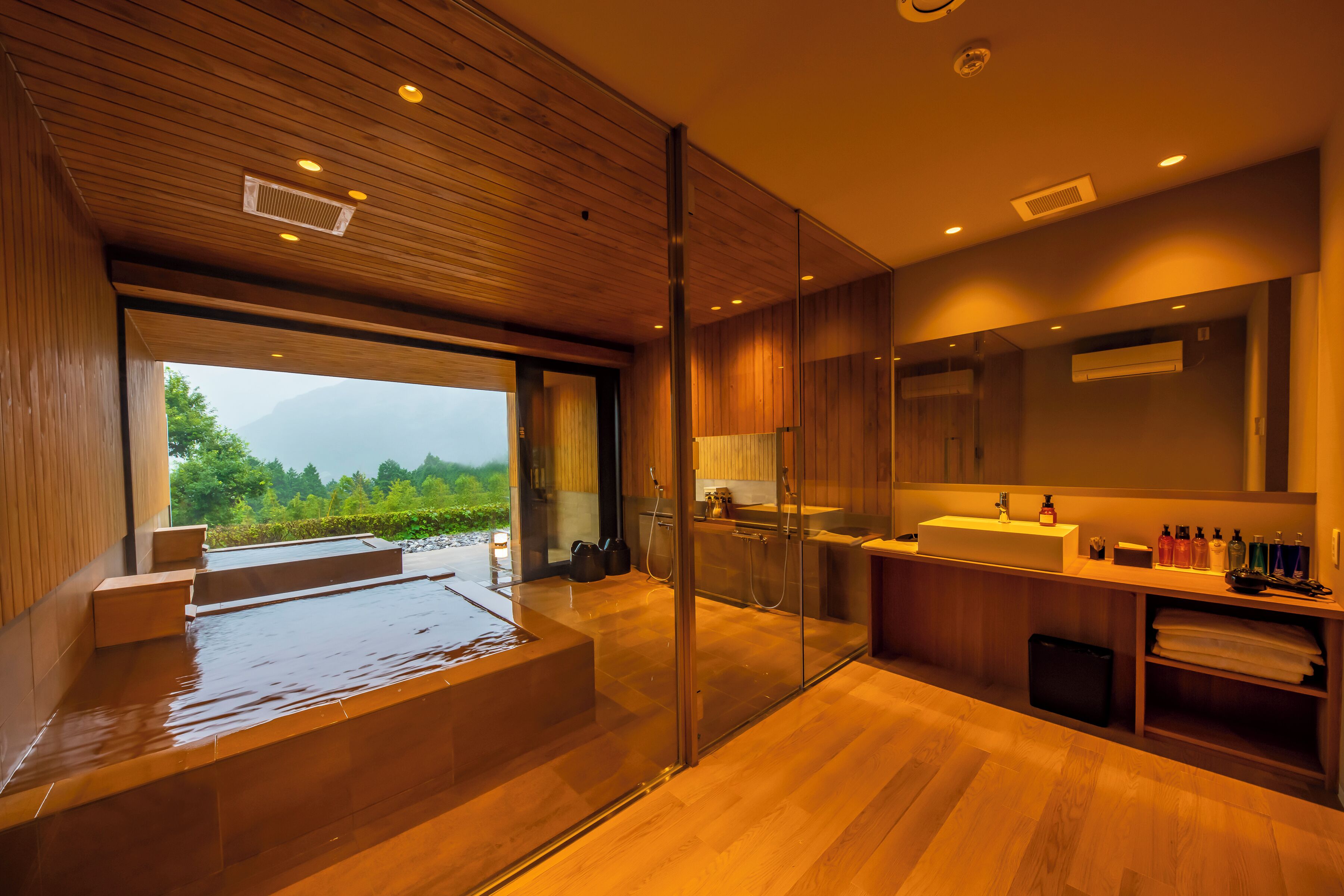 Un baño moderno con suelo de madera, cabina de ducha de vidrio y un amplio ventanal con vistas a la vegetación.
