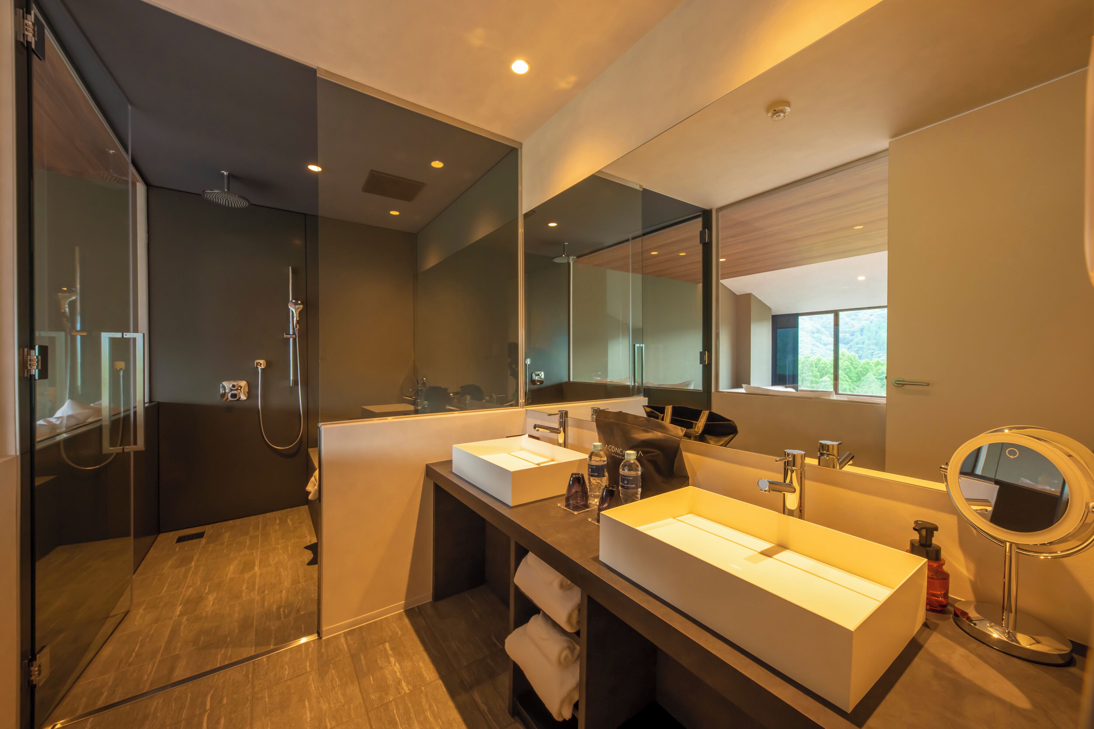 A modern bathroom with a glass-enclosed shower, two sinks, a large mirror, and a view of the outdoors.