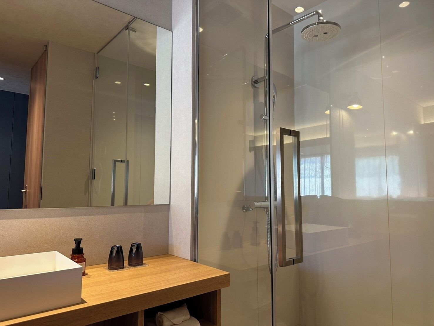 A modern bathroom with a glass shower enclosure, a large mirror, and a wooden vanity with a sink and toiletries.