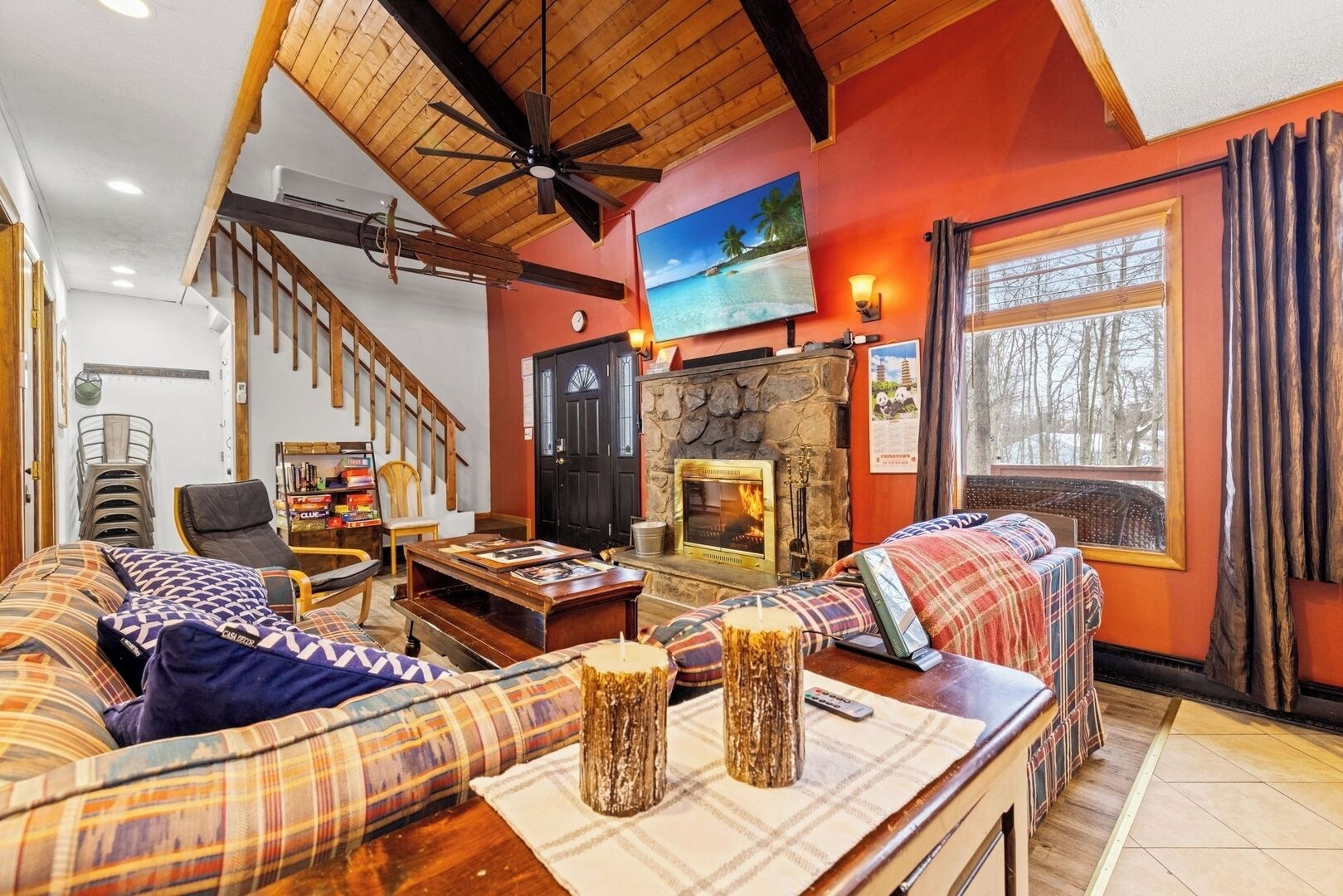 Smart TV, fireplace, video games, books