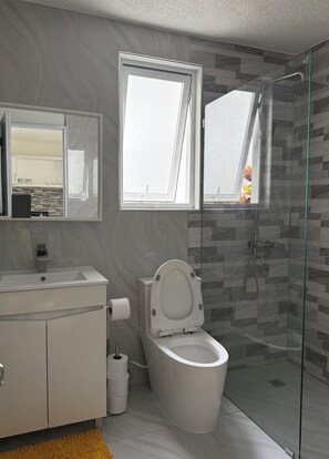 Dusche, Haartrockner, Handtücher, Seife