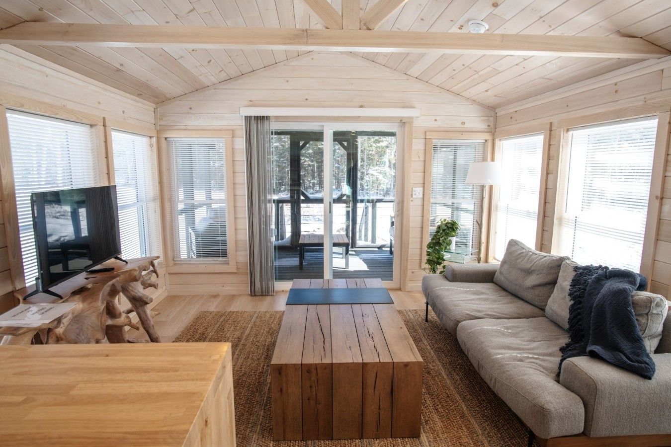 A cozy living room with a wooden ceiling, a television, a sofa, and a coffee table.