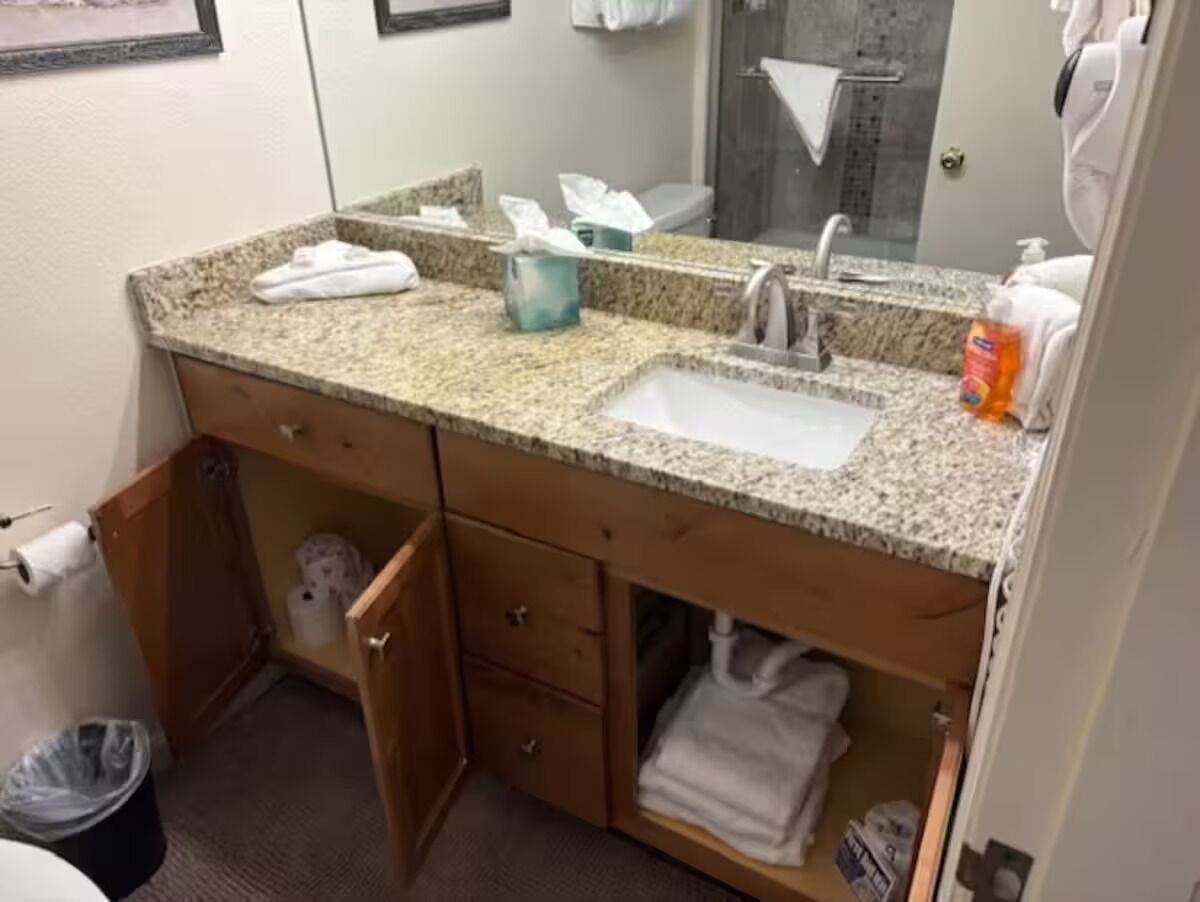 Un baño con encimera de granito, dos lavamanos, un espejo, un perchero para toallas y un cubo de basura.