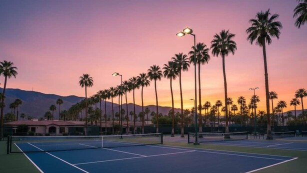 An outdoor tennis court with multiple courts, surrounded by palm trees and street lamps, with mountains in the background.