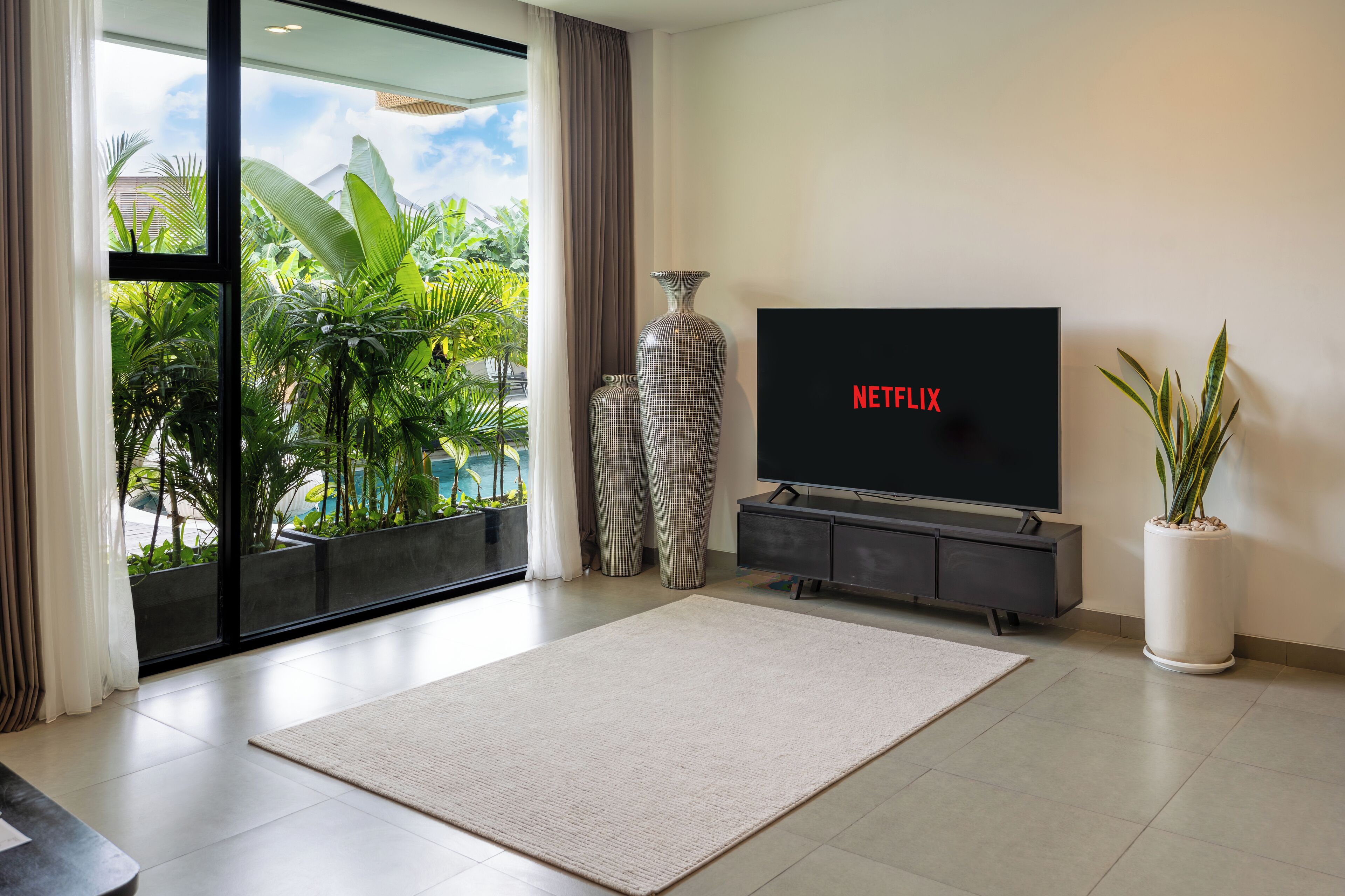 Ein modernes Wohnzimmer mit großem Flachbildfernseher, einem großen Fenster mit Blick auf Grünflächen und einer Topfpflanze.