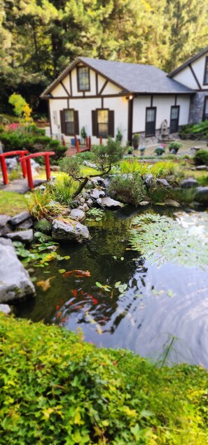 A traditional Japanese-style garden with a koi pond, red bridge, and a white building with dark trim in the background.