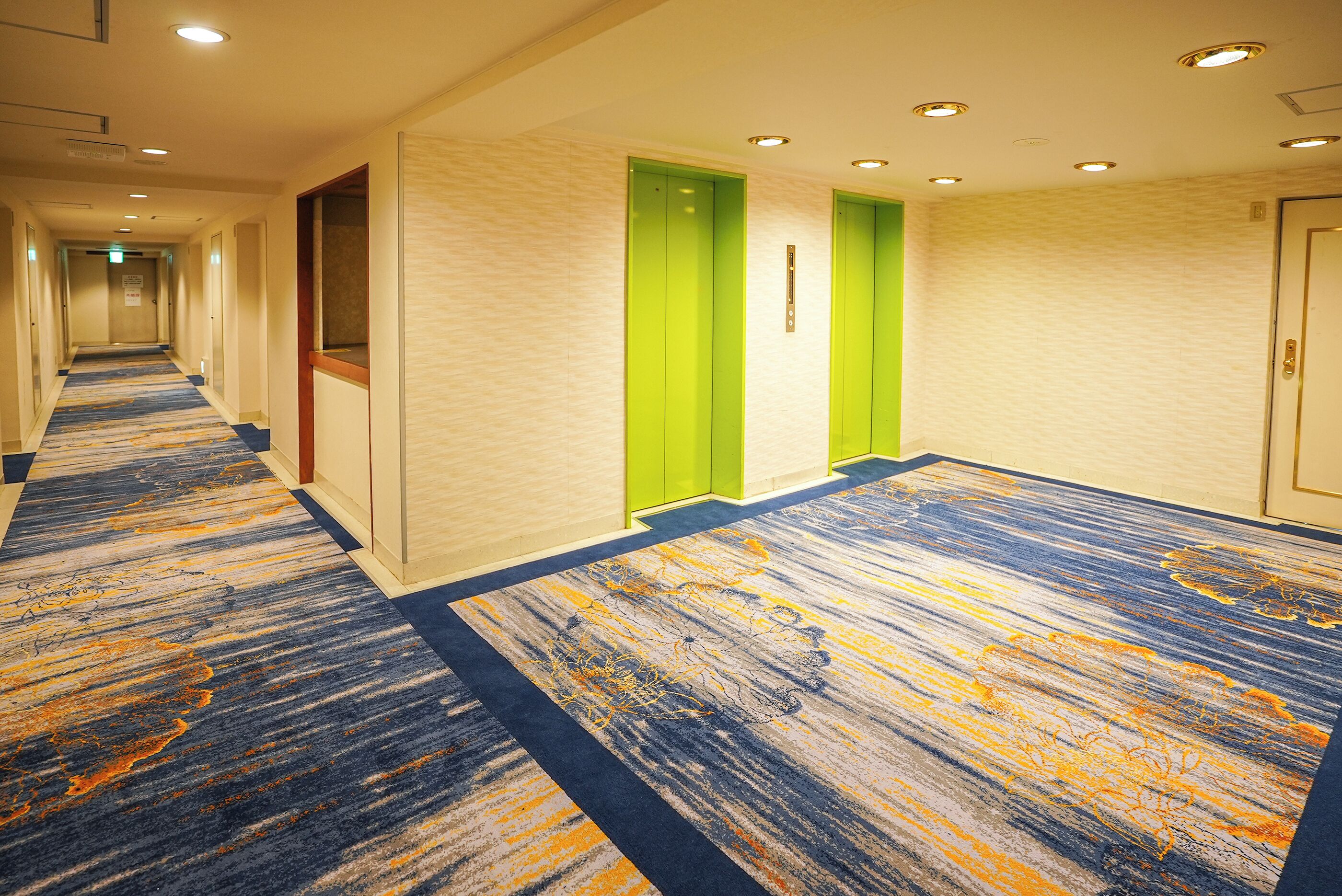 A hotel corridor with carpeted flooring, doors, and a light fixture on the ceiling.