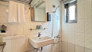 Hair dryer, towels, shampoo, toilet paper