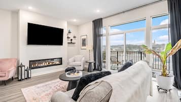 Smart TV, chimenea y libros