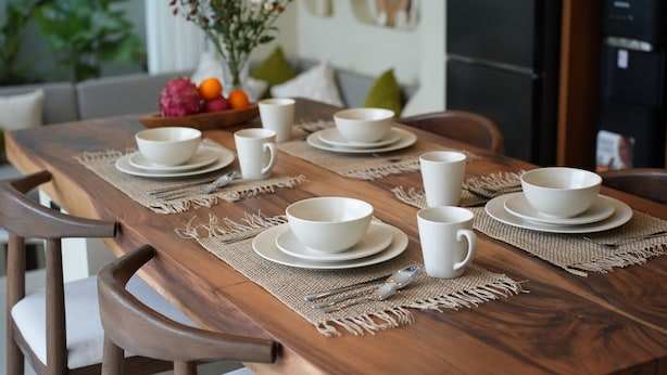 A wooden dining table set with white bowls, plates, and cups, with a placemat underneath. - Moraira 1BR Pool Villa Close to Bingin Beach (Pecatu)