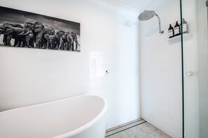Douche, sèche-cheveux, serviettes fournies, savon