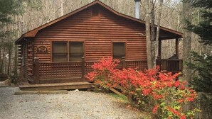 A rustic log cabin with a porch, surrounded by trees and a gravel driveway. - Mountain Heaven - Hot Tub - Pet Friendly - Long Range Mountain Views - Fire Pit (Blue Ridge)