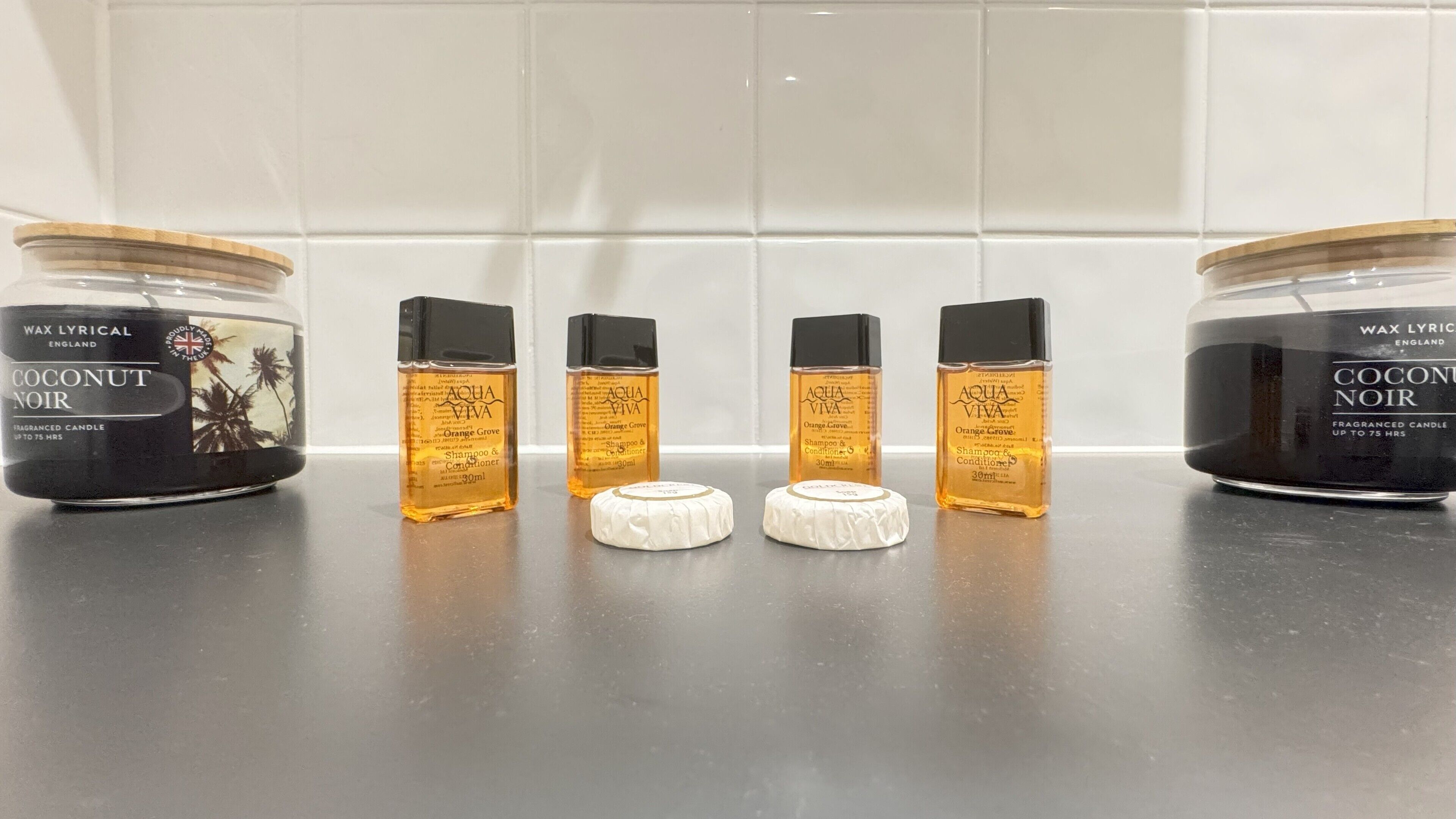 Hair dryer, towels, soap, toilet paper