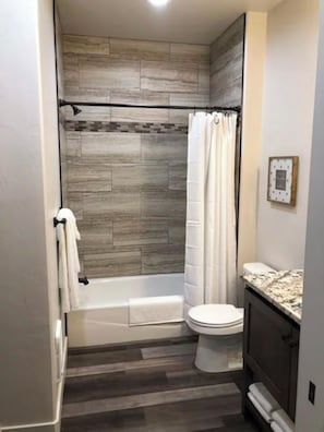 Hair dryer, towels, soap, toilet paper