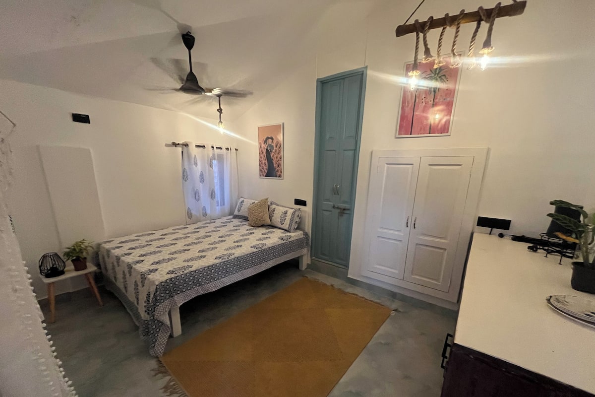 Una camera da letto con un letto, una ventola a soffitto, una porta e un armadio.