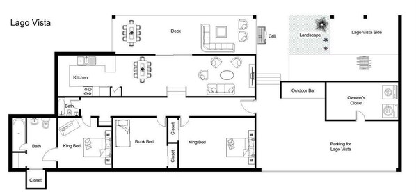 A floor plan of Lago Vista with a deck, kitchen, two bathrooms, a bunk bed, king beds, an outdoor bar, and a parking area.