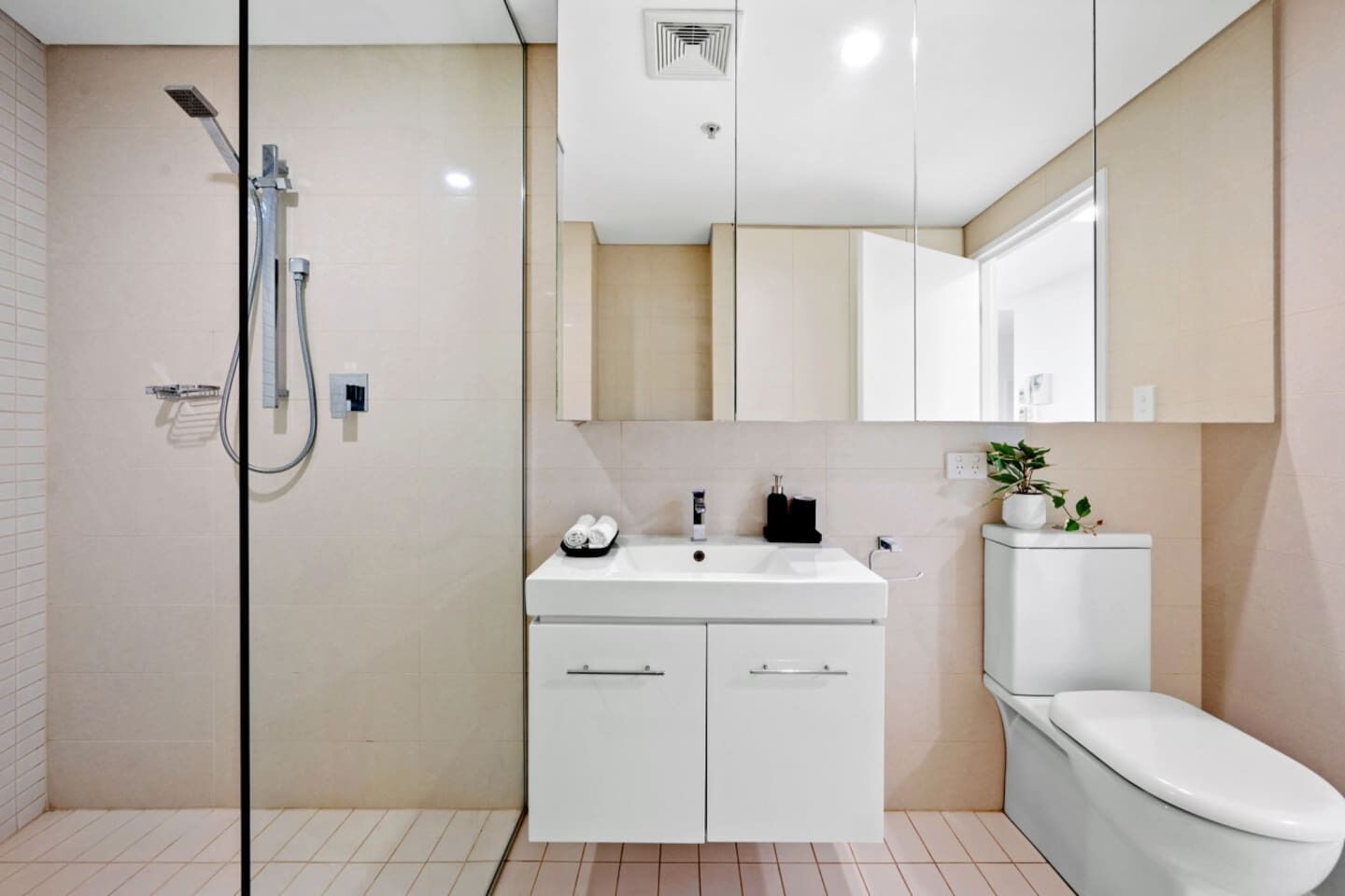 A modern bathroom with a glass shower enclosure, a white sink with a mirror above, and a toilet with a plant on the side.
