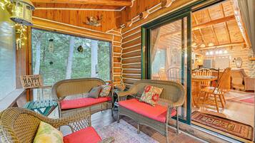 TV, fireplace, books