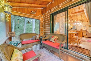 TV, fireplace, books