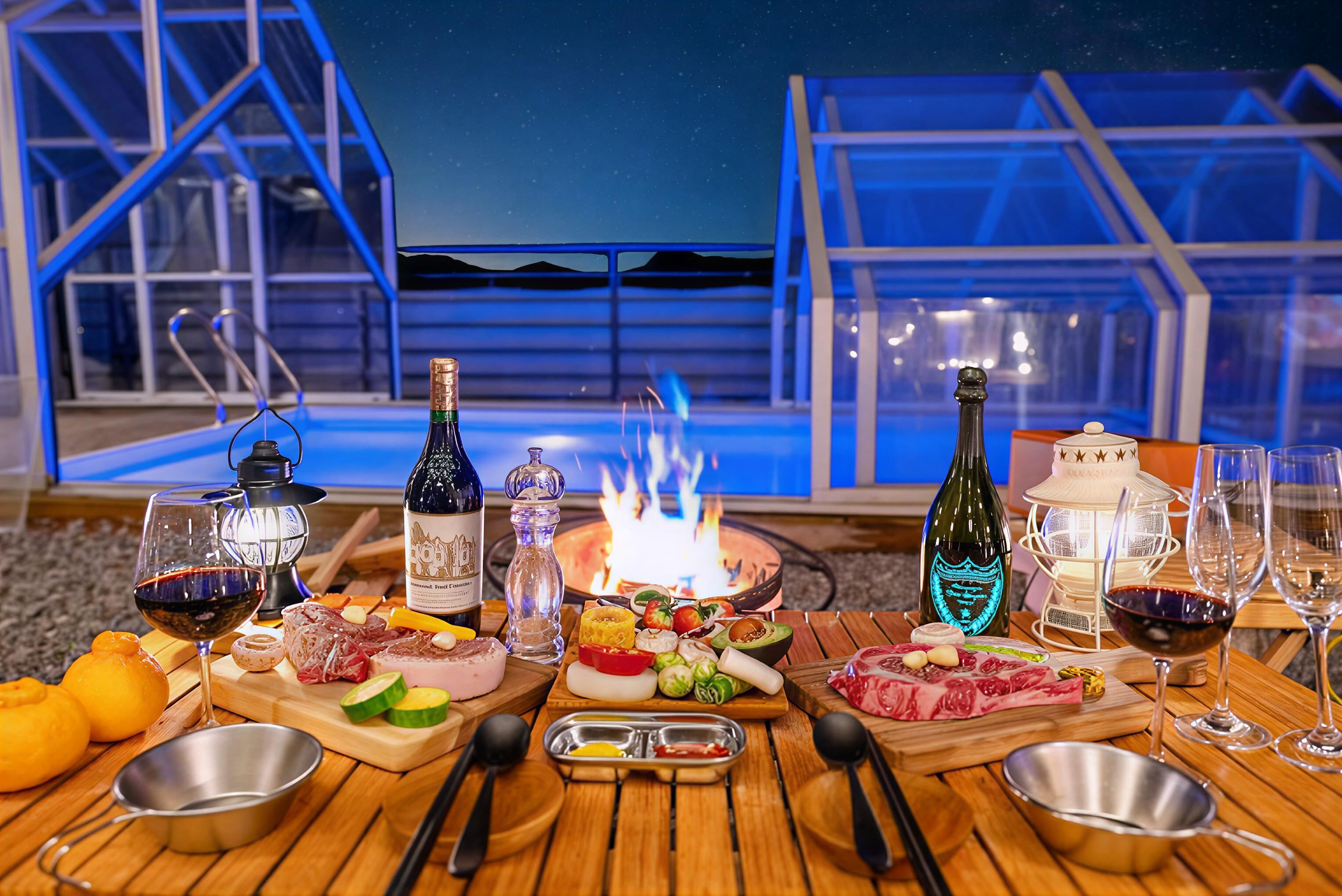 Una zona de comedor al aire libre con un brasero, diferentes carnes, quesos y bebidas sobre una mesa de madera, con un cielo nocturno y estructuras de vidrio de fondo.