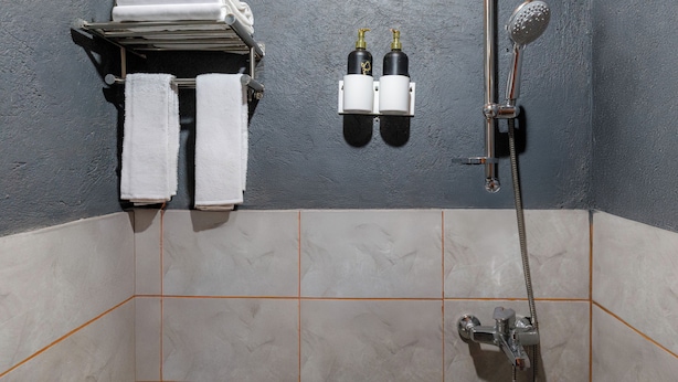 Une salle de bain avec une douche, deux bouteilles de shampoing et un porte-serviettes avec deux serviettes.