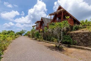 Un sendero lleva a una casa de madera con techo de paja, rodeada de vegetación tropical.