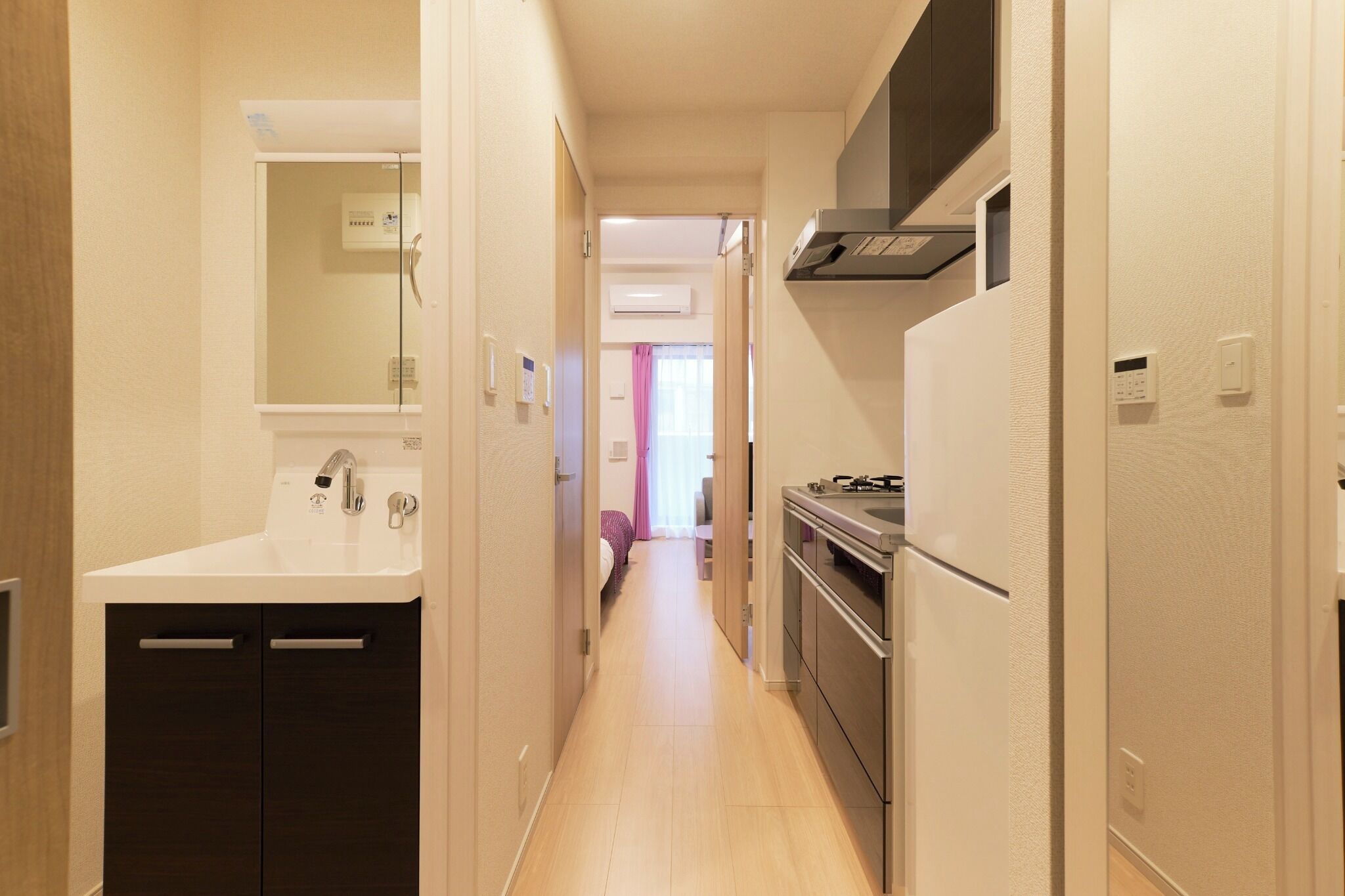 Fridge, microwave, stovetop, cookware/dishes/utensils