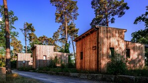 Una baita di legno rustica con il numero '40' affisso, circondata da alberi alti e un vialetto sterrato.