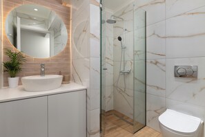 Shower, hair dryer, towels