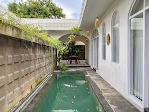 A narrow pool area with a concrete wall on one side and a glass door on the other. - Ingrid Villa Ubud by AGATA (Ubud)