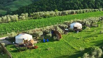 Una yurta con tetto di paglia, circondata da campi verdi e una catena montuosa in lontananza.