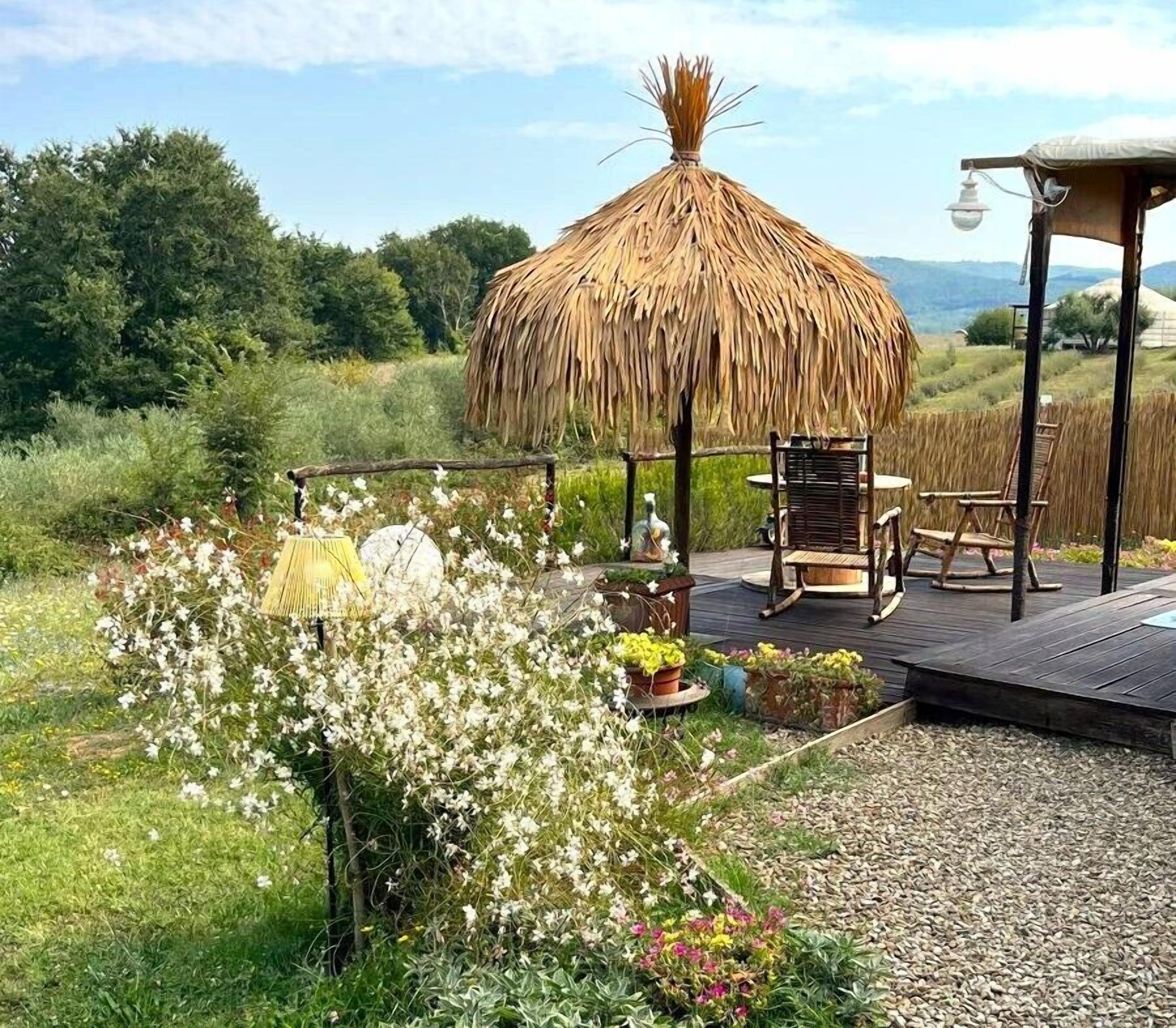A thatched-roof gazebo, outdoor seating, and a garden with flowers and plants.