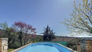 Una piscina rectangular con borde de piedra, rodeada por un patio de piedra, con un fondo de árboles y una vista distante de una colina.